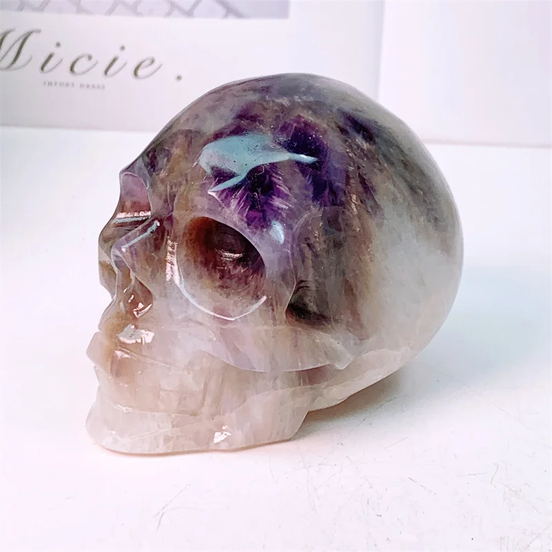 

Natural Dream Amethyst Skull Carving Sculpture, Healing Gemstone, Crystal Crafts, Home Decoration Ornament, 1Pc, 547G