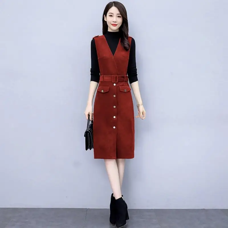 Autumn Winter Lucky Red Corduroy Vest Dress Black Knit Tops Two Piece Set Women 2023 New Slim Dresses with Belt Sweater Outfits