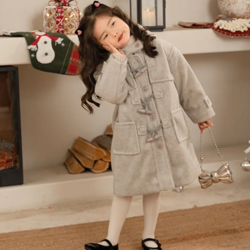 

Girls Tweed Coat Korean Children's 2023 Winter New Children's Fashionable Ox Horn Buckle Hooded Thickened Jacket