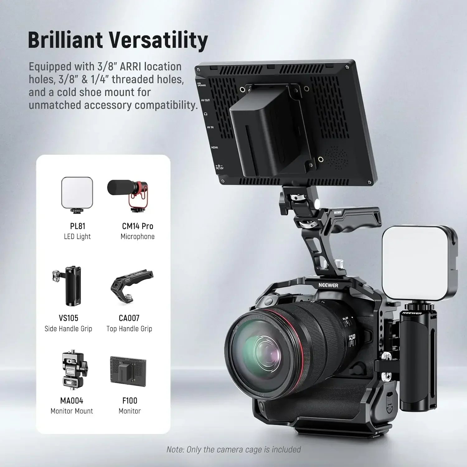 2026년형 NEEWER 카메라 케이지 (EOS R5, R5 C, R6, R6 II 및 BG-R10 배터리 그립용) HDMI 케이블 클램프와 콜드슈 포함