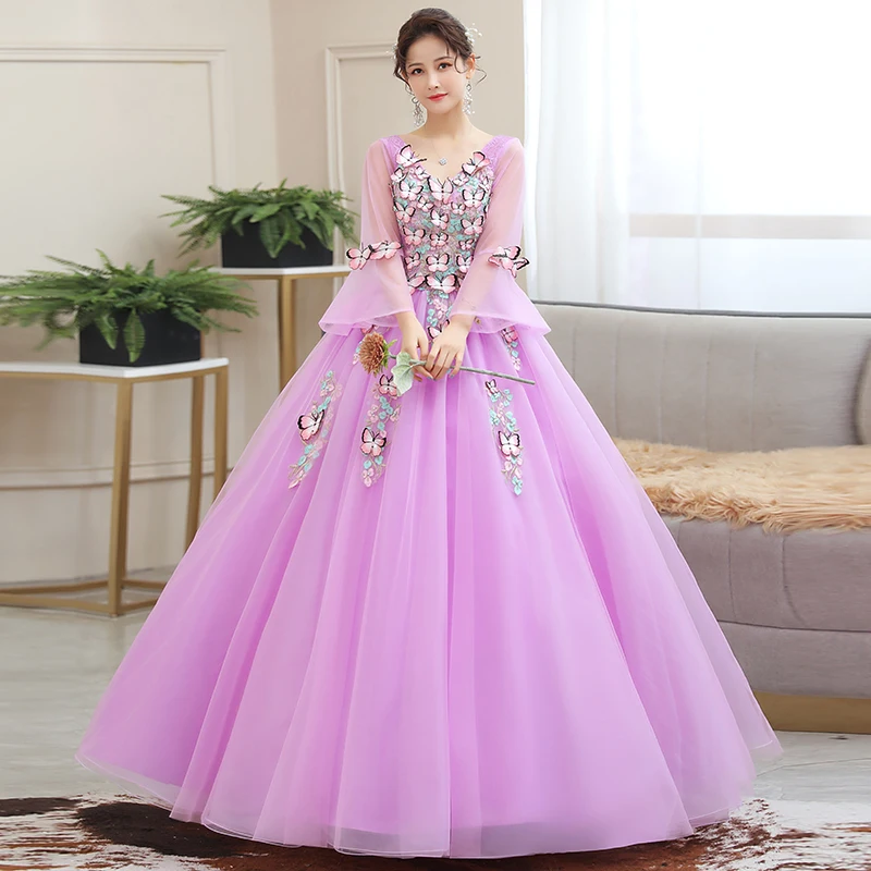 

Purple Quinceanera Dresses Classic V-neck Floor-length Ball Gowns With Trumpet Sleeves Sweet Butterfly Flower Lace Robe De Bal