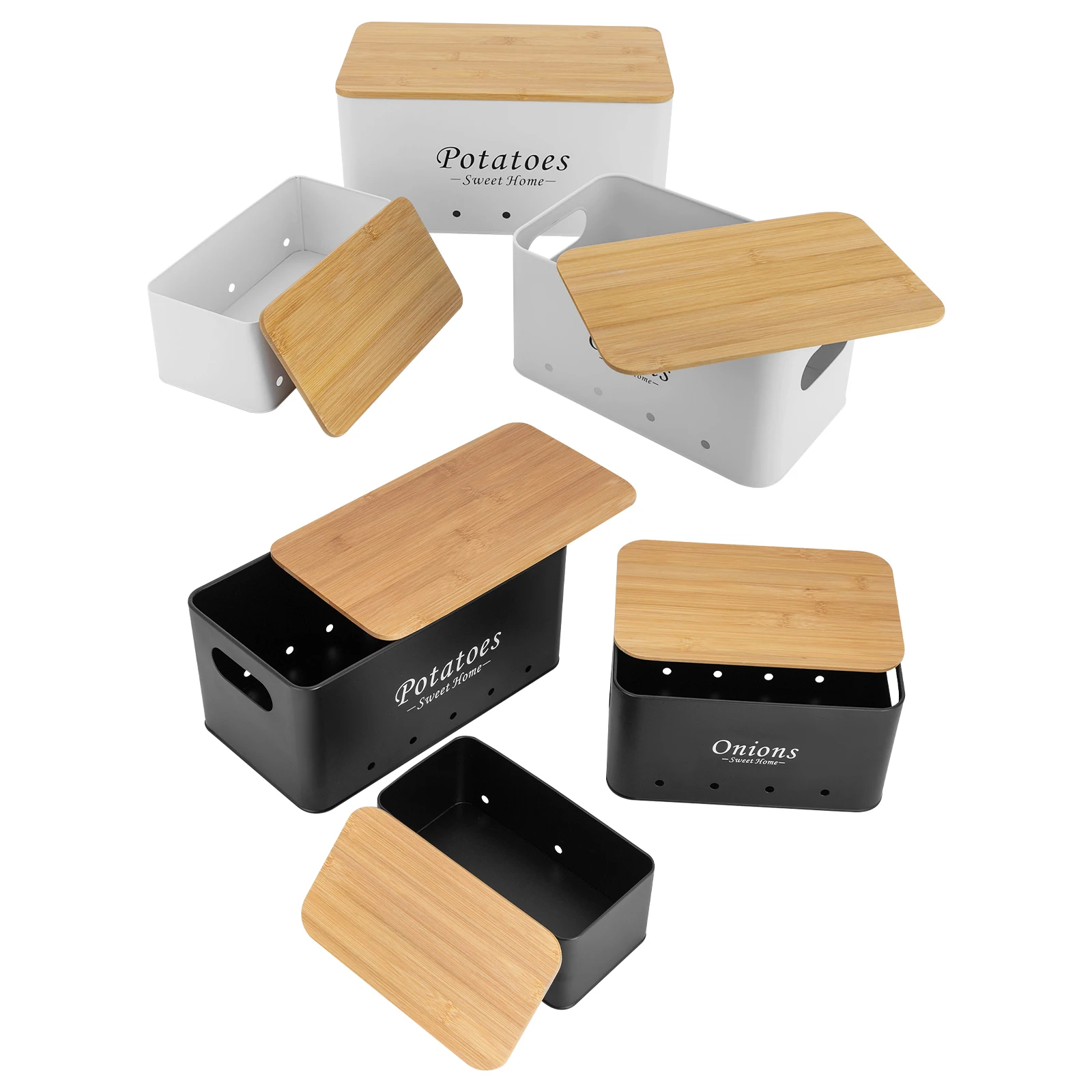 Container-Sets, Aufbewahrungsorganisator für Zwiebeln/Kartoffeln/Knoblauch, 3-teilige Aufbewahrungsbox, Schwarz/Weiß – Detail 5
