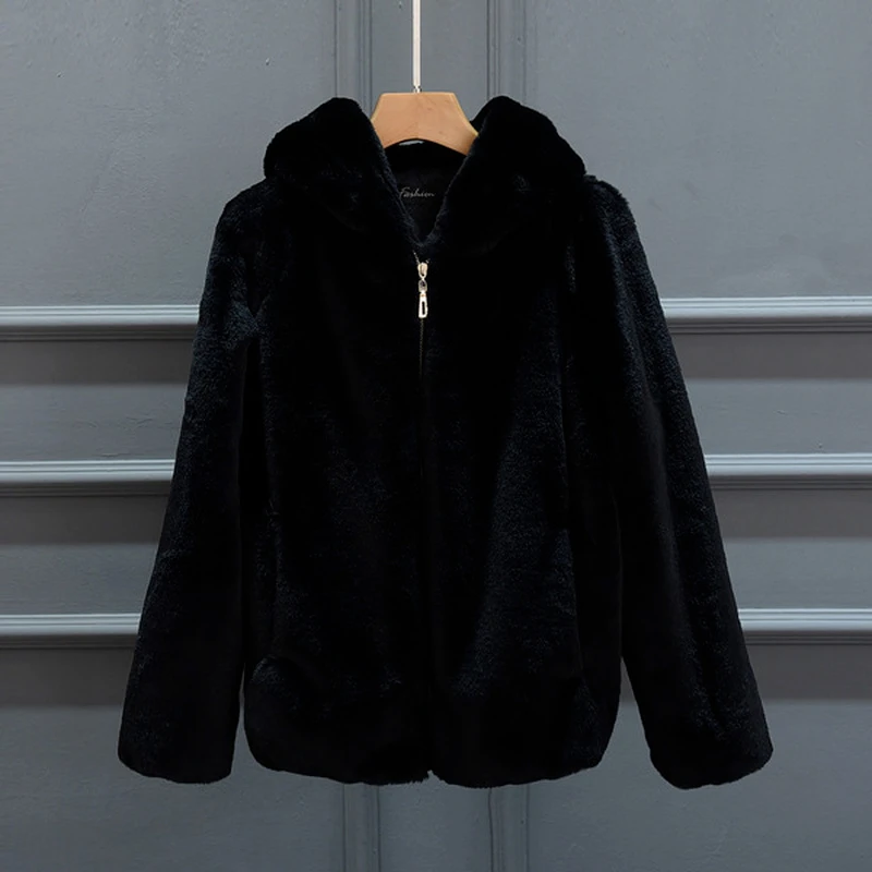 Lady Artificial Fur Hooded Soft  Women's Jacket White Grey Pink Rabbit Imitation Fur Outcoat Winter Grass Mink Faux Fur Coat