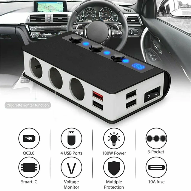 100w / 12v / 24v Auto Zigarettenanzünder Buchse 3 Ports + 4 USB  Ladeanschlüsse, Ladegerät Adapter mit LED-Voltmeter und Schalter