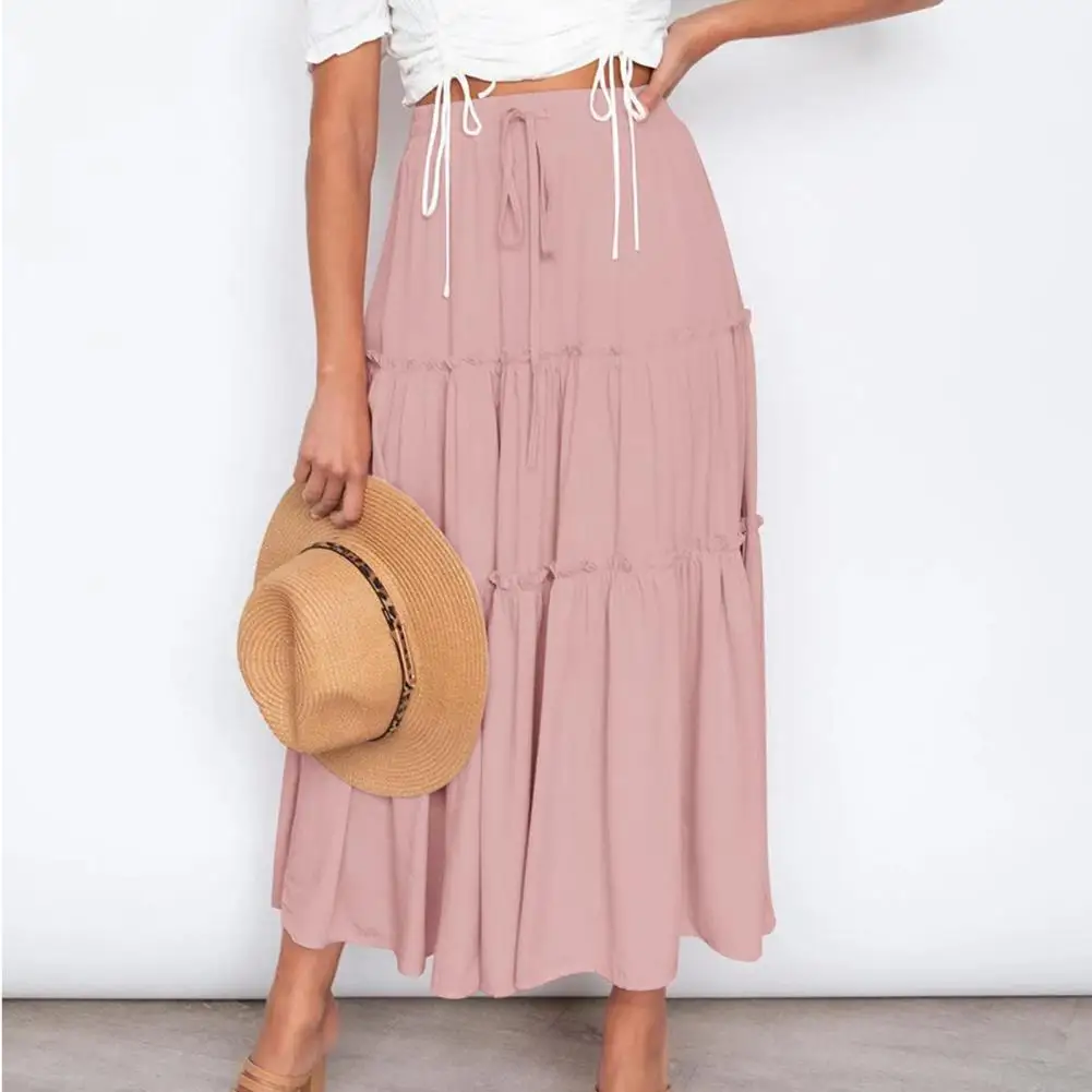 

Patchwork Popular Solid A Line Maxi Skirt with Drawstring Boho Style A-Line Skirt High Waist for Vacation