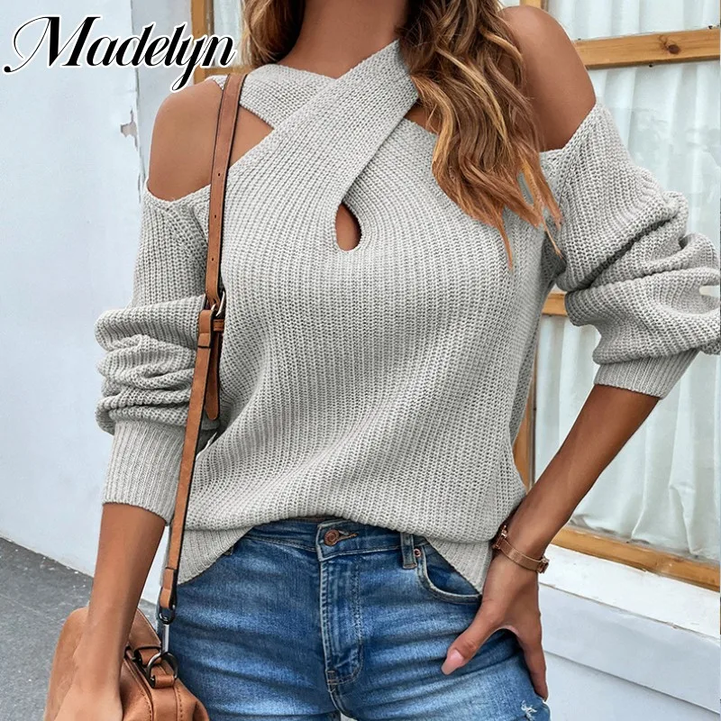 

Однотонный свитер с перекрестным воротником 2023, Женский пуловер с открытыми плечами, повседневный джемпер, модный вязаный свитер в Корейском стиле с длинными рукавами на осень и зиму