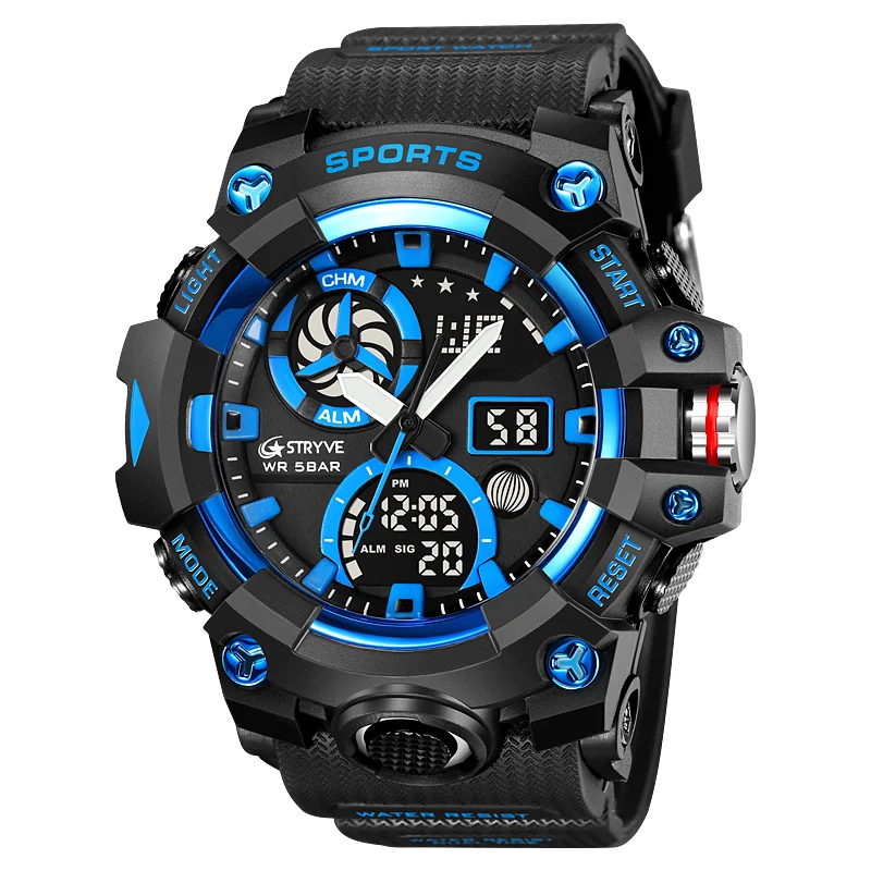 STRYVE Brand Men Sports Watches Dual Display Analog Digital LED Electronic Quartz Wristwatches 50m Waterproof Watch 8027 view 2