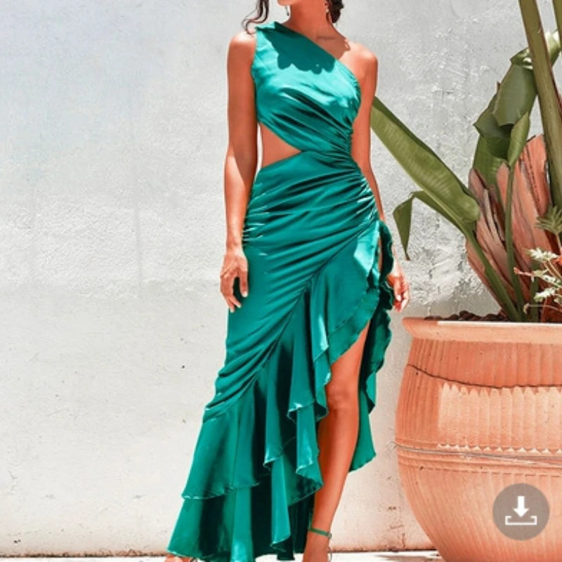 

Sexy Women Dress Off-The-Shoulder Cutout Ruffled Reflective Satin Party Maxi Dress Hollowed Out Temperament Slit Dresses