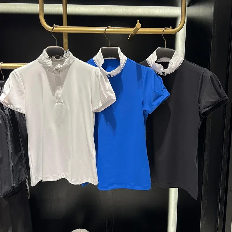 

Golf Summer Sports Women T-shirt Wooden Ear Lace Standing Neck Short Sleeve Slim Fit Golf Top