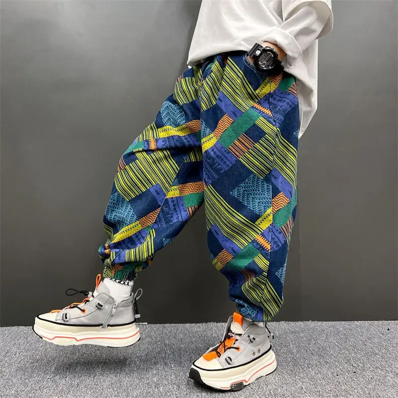

4-11Y Children Jeans Boys Denim Pant Autumn Elastic Waist Print Tidal Current Handsome Casual Kids Trousers Clothes H39