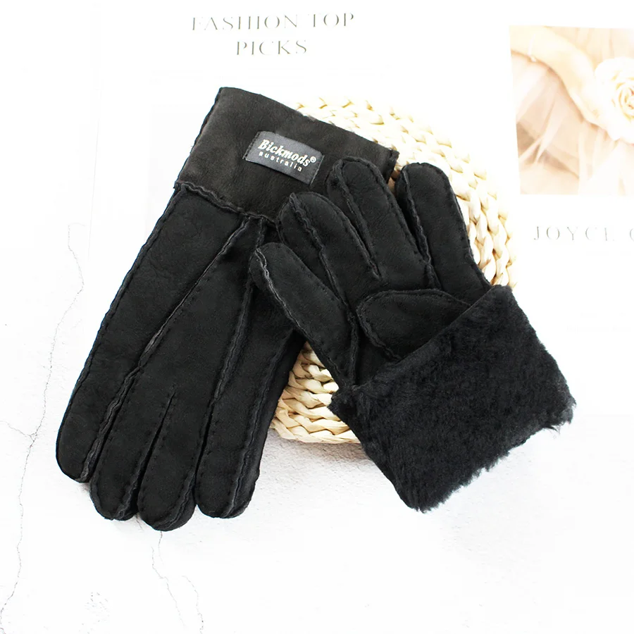 Winter Warm Sheepskin Fur Gloves Women's Leather Stitching Style Thickened Household Boy Motorcycle Riding Cold-Proof Finger