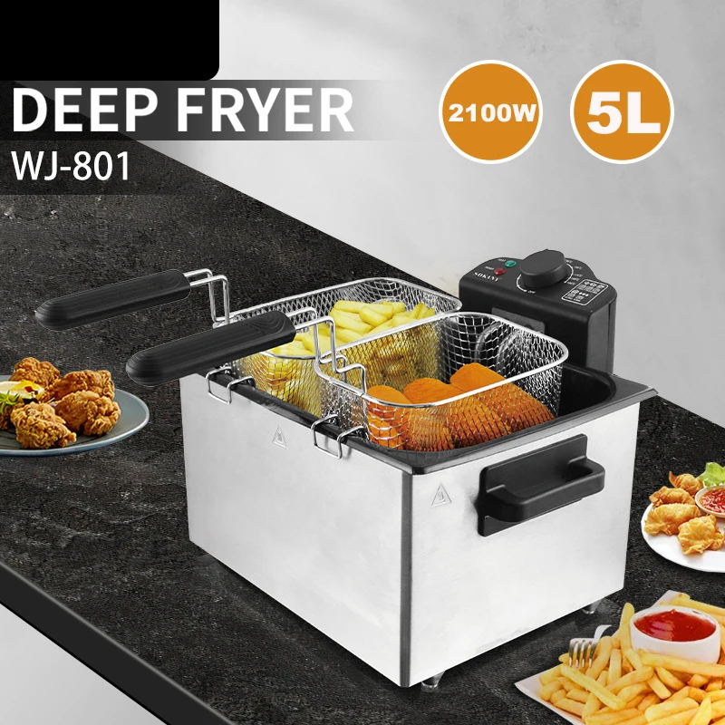 5L Fryer Household Electric Fryer Fried Skewers/Fish/French Fries 2100W Electric Dual Probes