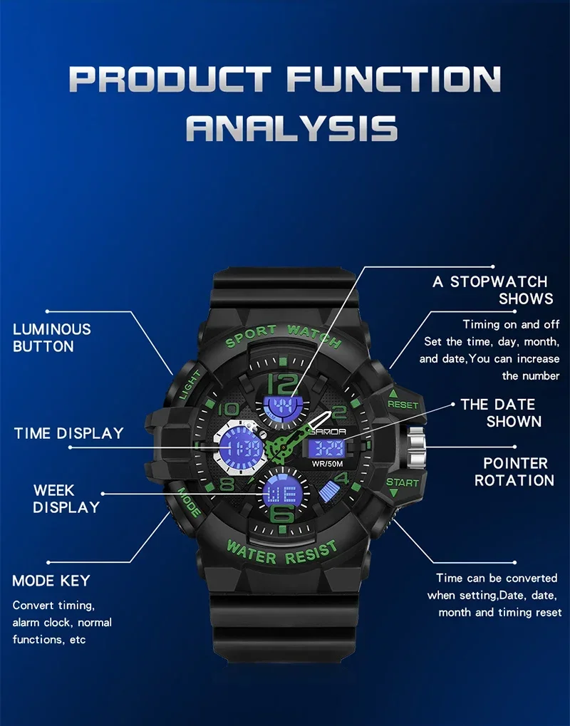 SANDA 3168 Multifunction Clock Relogio Masculino Men Military Watches White Sport Watch  LED Digital 50M Waterproof Watch Men 5