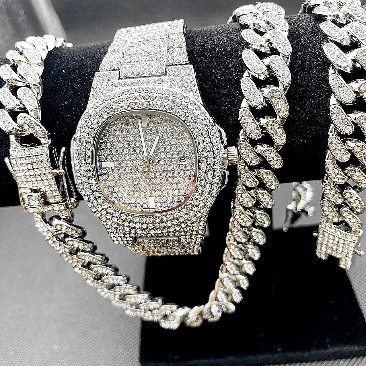 LuxuryIcedOutWatchNecklacesBraceletMensHipHopJewelrySetMiama