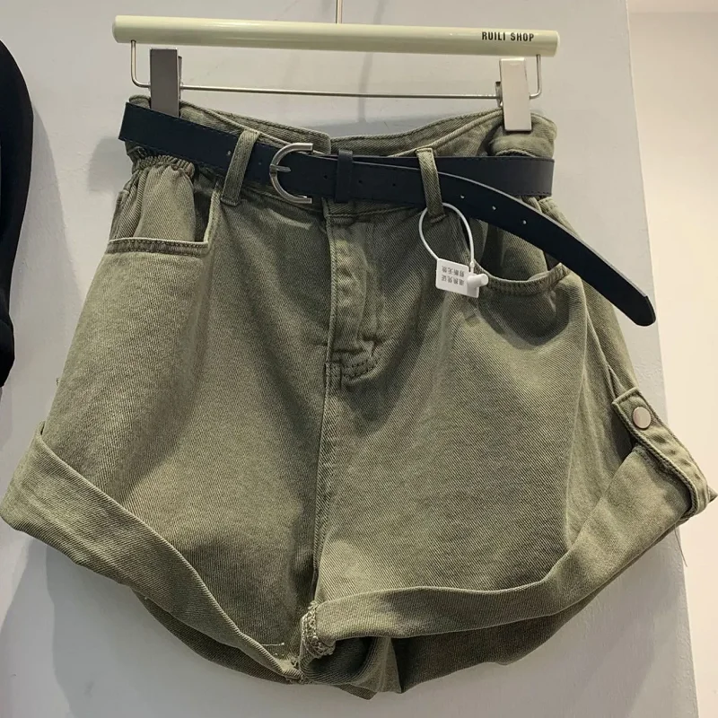 2022 Summer Women Casual Loose Vintage Wide Leg Short Jeans Female New High Waist Harajuku Green Blue Denim Shorts College Style