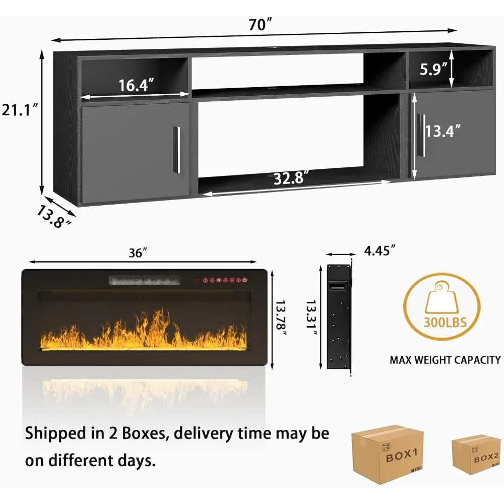 Floating TV Stand with Fireplace, 70" Floating TV Stand Wall with 36" Fireplace, Black Floating Electric Fireplace TV Stand 6