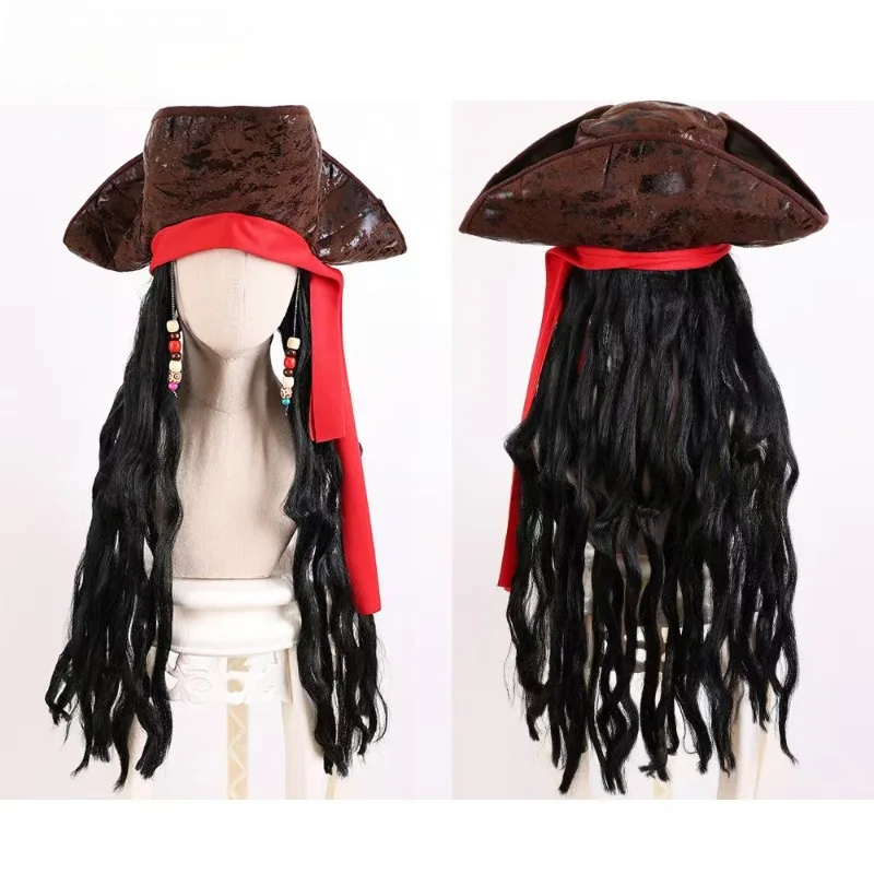 Caribbean Pirate Hat Wig Cosplay Captain Pirates Curly Hair Clothing Accessories Role Play Props Sparrow Wigs Men Halloween