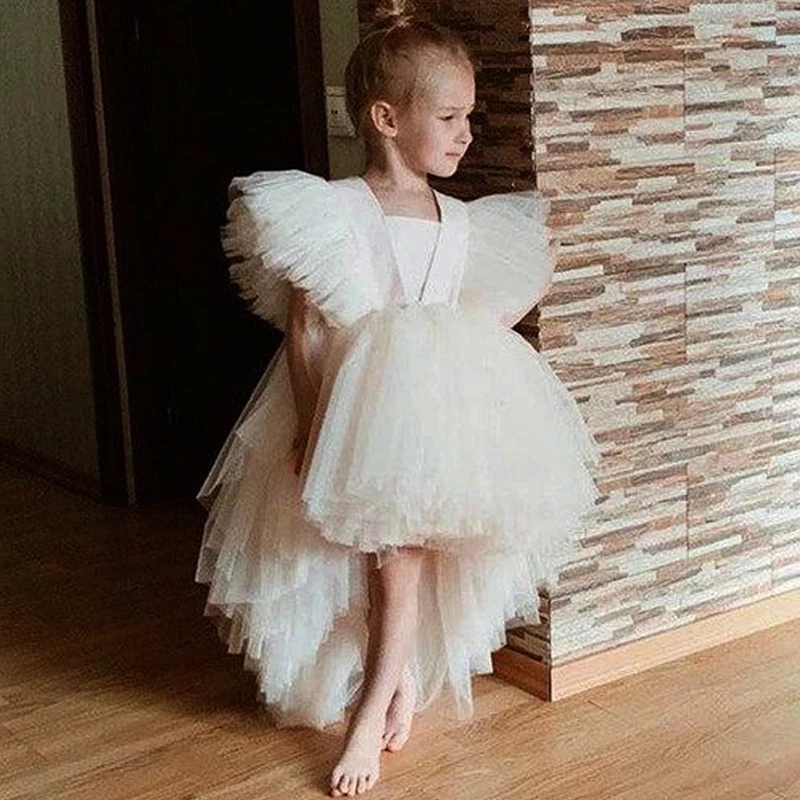 

Baby Girls Mesh Tutu Birthday Party Dress Children's White Princess Dresses Girls Wedding Clothing Kids Elegant Fly Sleeve Dress