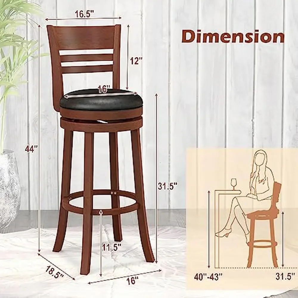 360 Swivel Bar Stools with PU Upholstered Seats Solid Wood Backrests & Footrests Bar Height Chairs Retro Style Home Kitchen