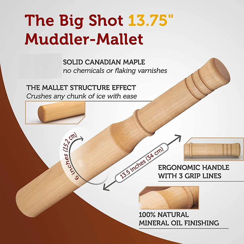 Bar Tools BIG-SHOT 13.75" Hard Maple Muddler Mallet & Lewis Ice Bag Kit Wooden Mojito Muddler Bar Tool Ice Crusher & Canvas