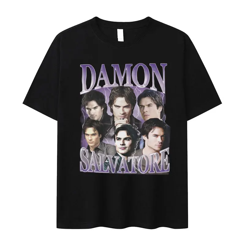 

Damon Salvatore Ian Somerhalder TV Series Graphic T Shirts Men's Retro Gothic Fashion Oversized Cotton T-shirt Unisex Streetwear