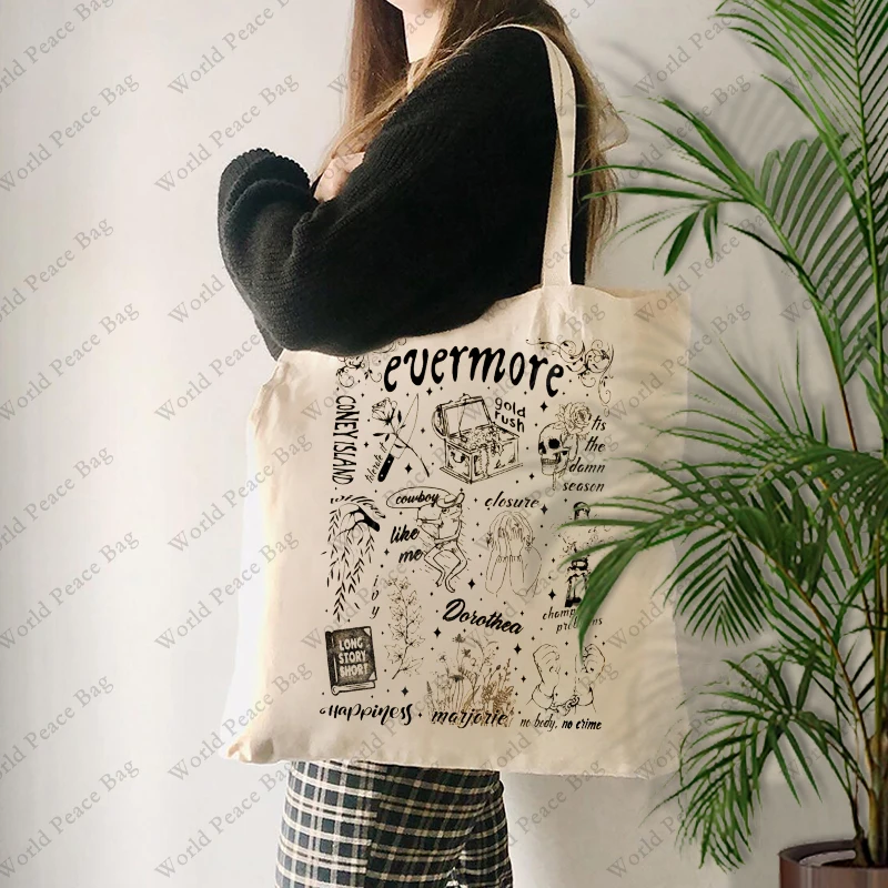 1 pc Evermore pattern Tote Bag Canvas Shoulder Bag For Travel Daily Commute Women's Reusable Shopping