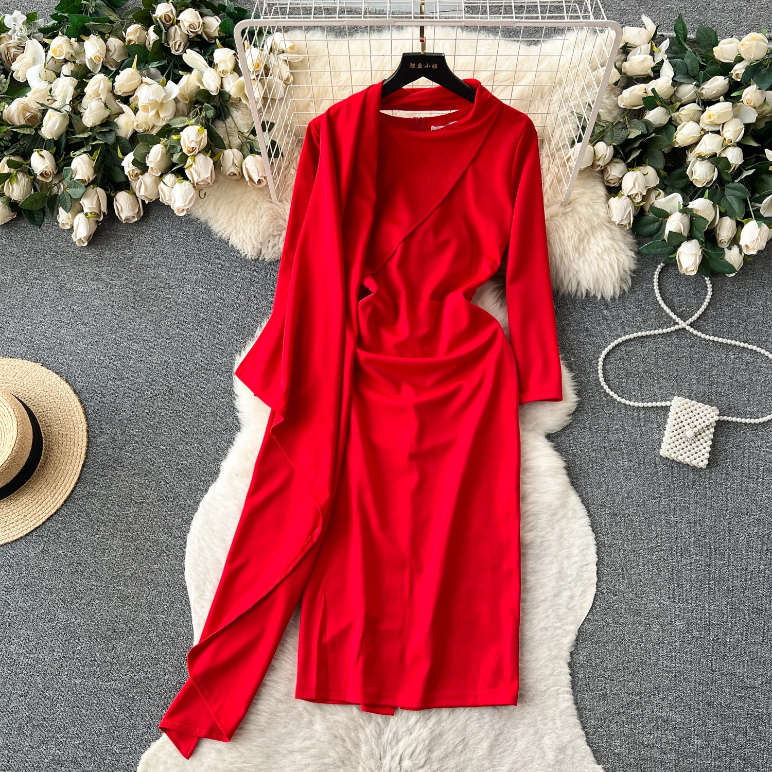 

Elegant Sexy High Waist O-neck Ribbon Long Sleeve Dress Fairy Slim Women Party Ceremonial Hip Wrap Dress