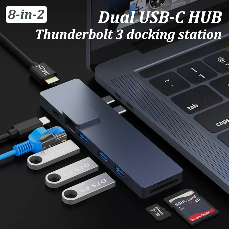 Doppio Hub Usb-C Per Apple Macbook Pro Air Accessori Docking Station Thunderbolt 3 Display 8K 60Hz Dati 40Gbps Pd100W Ricarica