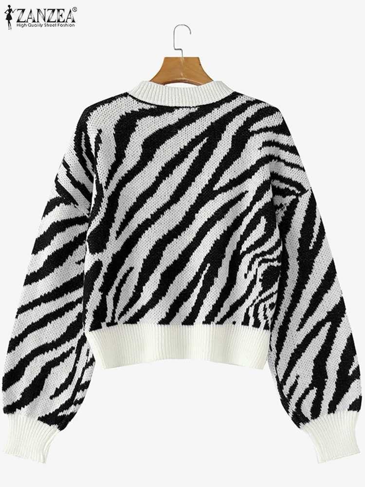 ZANZEA Fashion Long Sleeve Zebra Striped Sweater Stylish Autumn Sweaters Women Jumpers Casual Knitted Top Winter Loose Pullovers 5