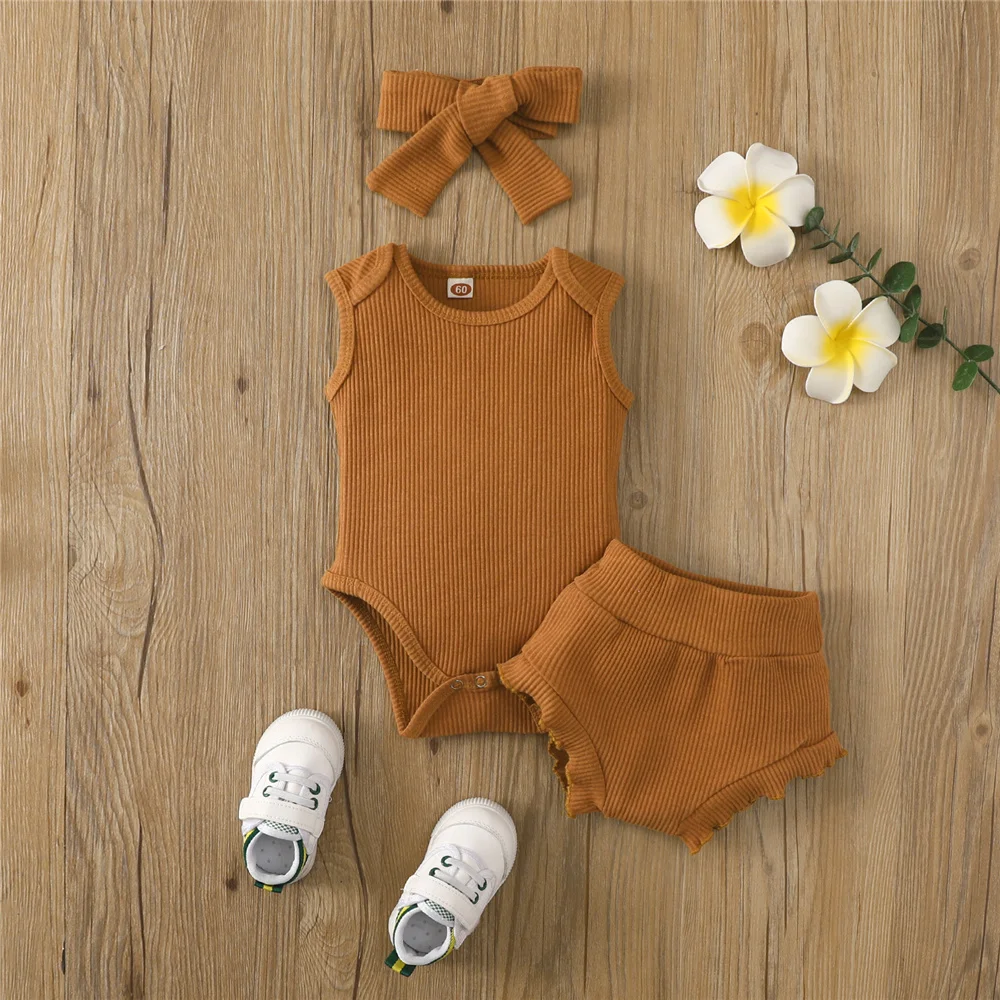0-24 Months Newborn Baby Girls 2 Piece Clothes Set Toddler Summer Solid Color Sleeveless Knitted Rib Romper Shorts Hairband baby knitted clothing set Baby Clothing Set