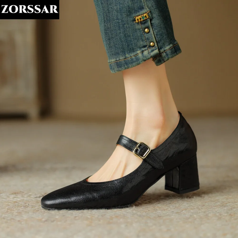 

Women's High Heels Mary Janes Shoes Vintage Pumps Leather Shoes Metal Buckle Strap Ladies Dress Shoes Zapatos Mujer Spring