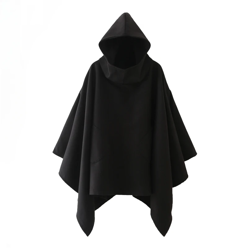 

Pullover Hooded Woolen Coat Long Sleeve Black Women's Irregular Design Autumn and Winter Warm College Clothing Cape Loose Casual