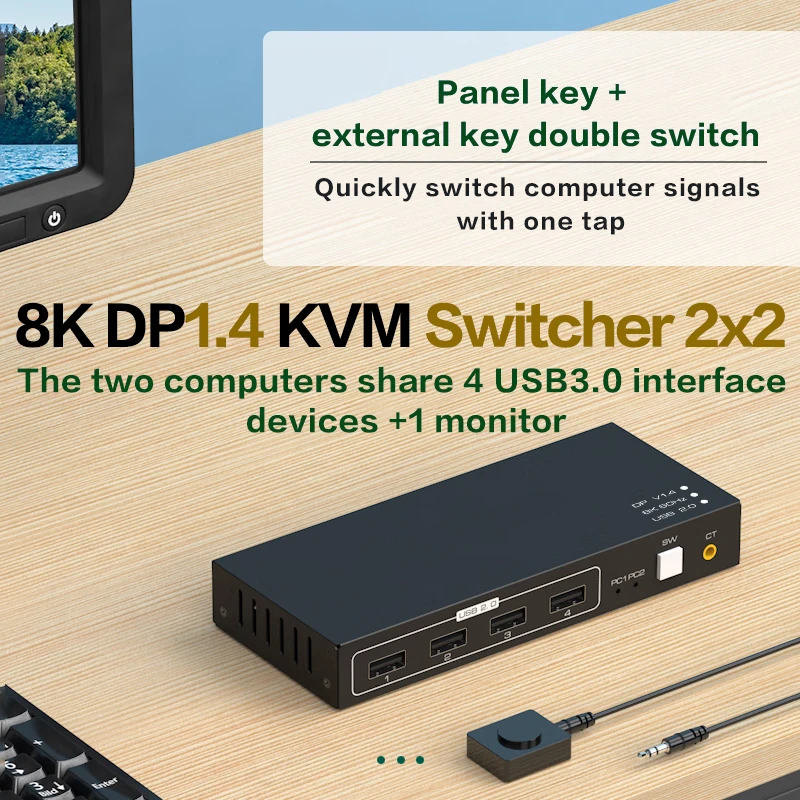 Kvm Switch Dp 1080P Dual-Port 8K Displayport Switcher Usb 3 0 Extension Hub Kvm Dp Switching 4 Kx2K/120Hz Per 2 Computer Monitor
