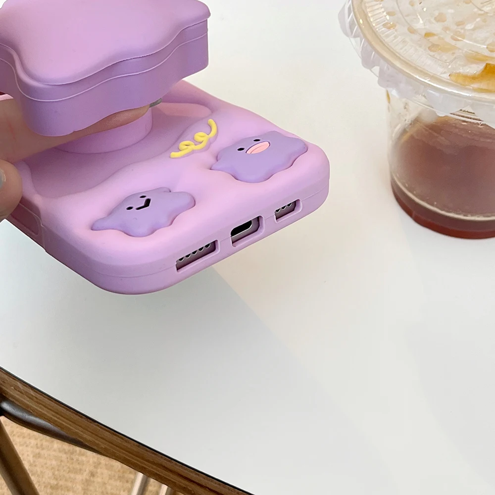 Funny 3D Cartoon Ditto Monsters Bracket Mirror Case For iPhone 17 16 15 14 13 12 Pro Max Soft Silicone Stand Holder Cover 6