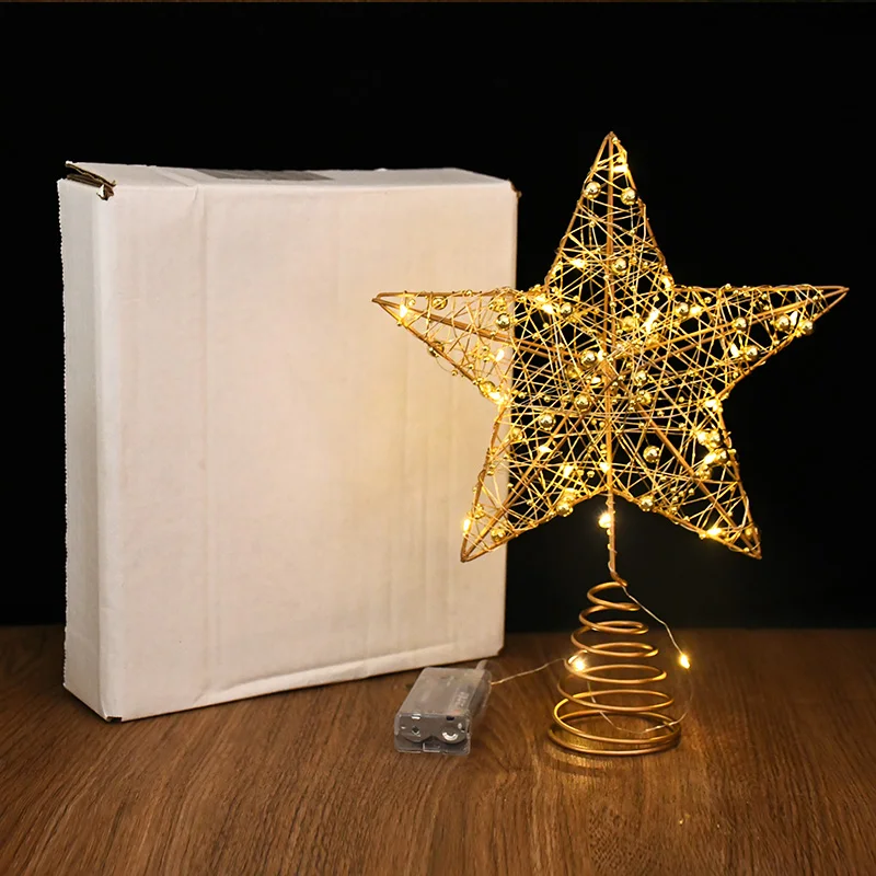LED Light Christmas Tree Star Topper with Pearl Wire Gold Iron Xmas Tree Ornaments 2025 New Year Home Decoration Natal Noel 2024
