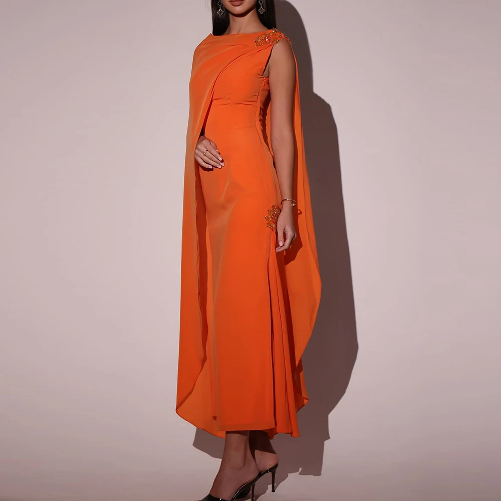 

Formal Jersey Pleats Sleeveless Evening Dress Elegant Straight Boat Neck Ankle Length Shawl Custom Size Party Prom Dress