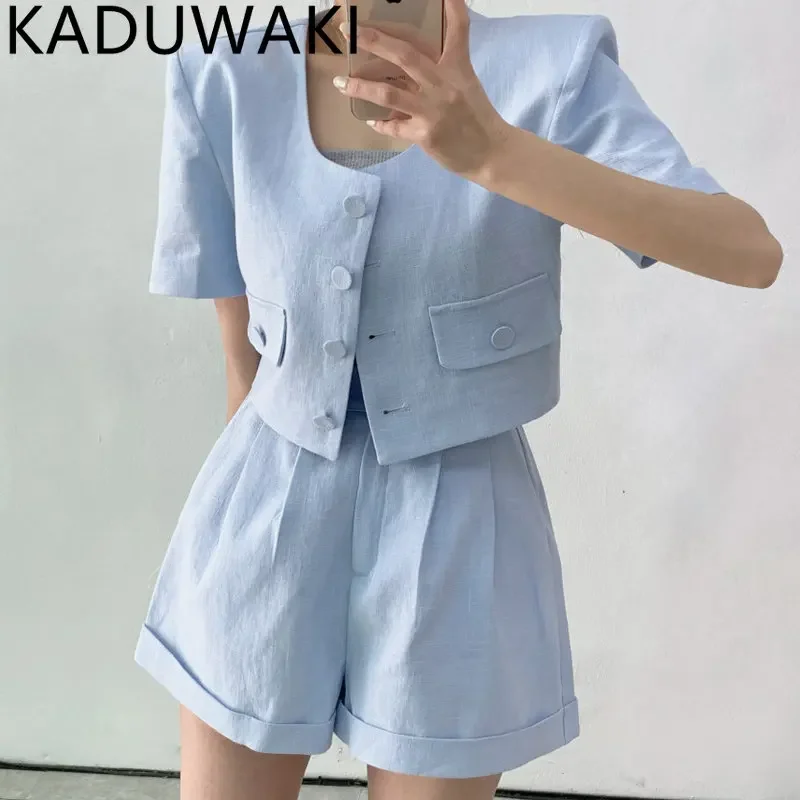 

Women Solid Color Sets Square Collar Short Sleeve Streetwear Double Breasted Blazer & Trousers Fashion Casual Ladies Suits