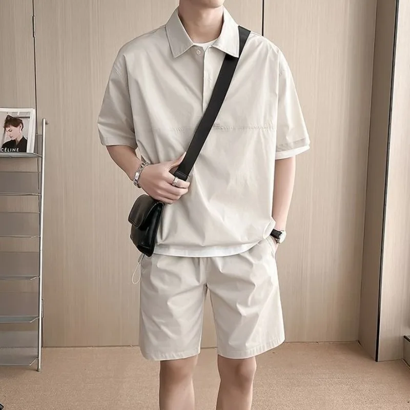 Spring Summer Fashion Short Sleeve Popularity Men's Clothing Korean Style Casual All Match Loose Rope Hombre Solid Sport Sets