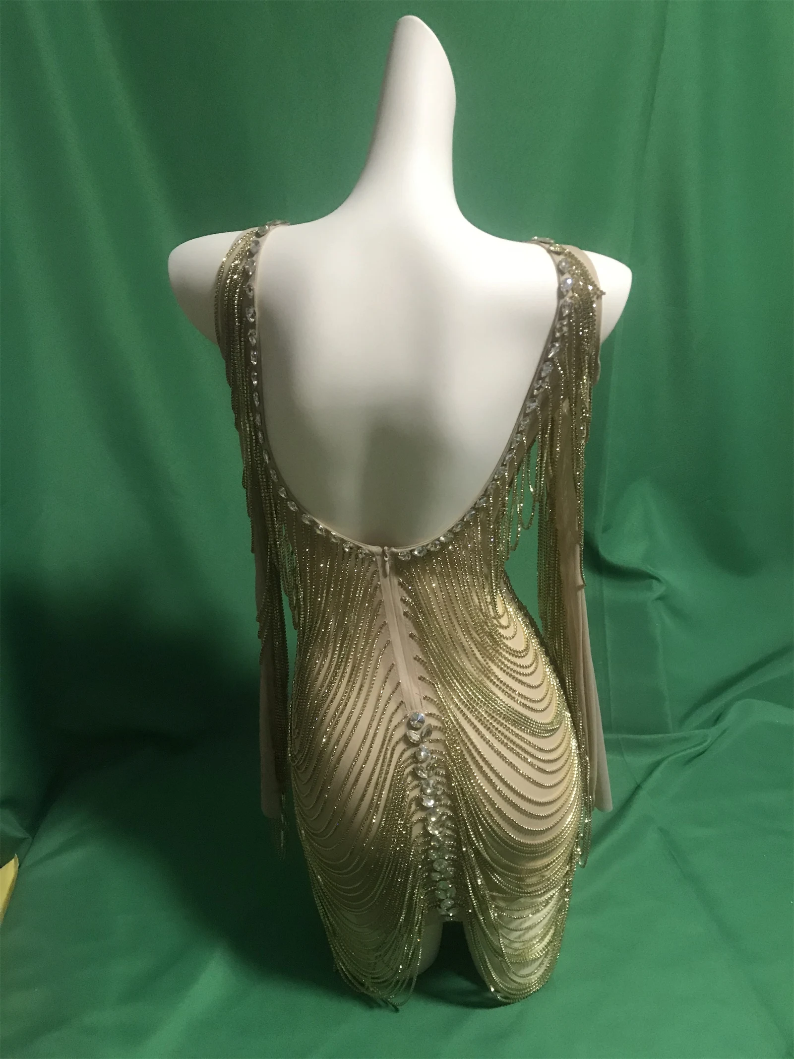 Gold Shining Crystals Chain Rhinestone Dress Women Long Sleeve Birthday Transparent Mesh Drag Queen Outfit Dancer Sexy Dresses