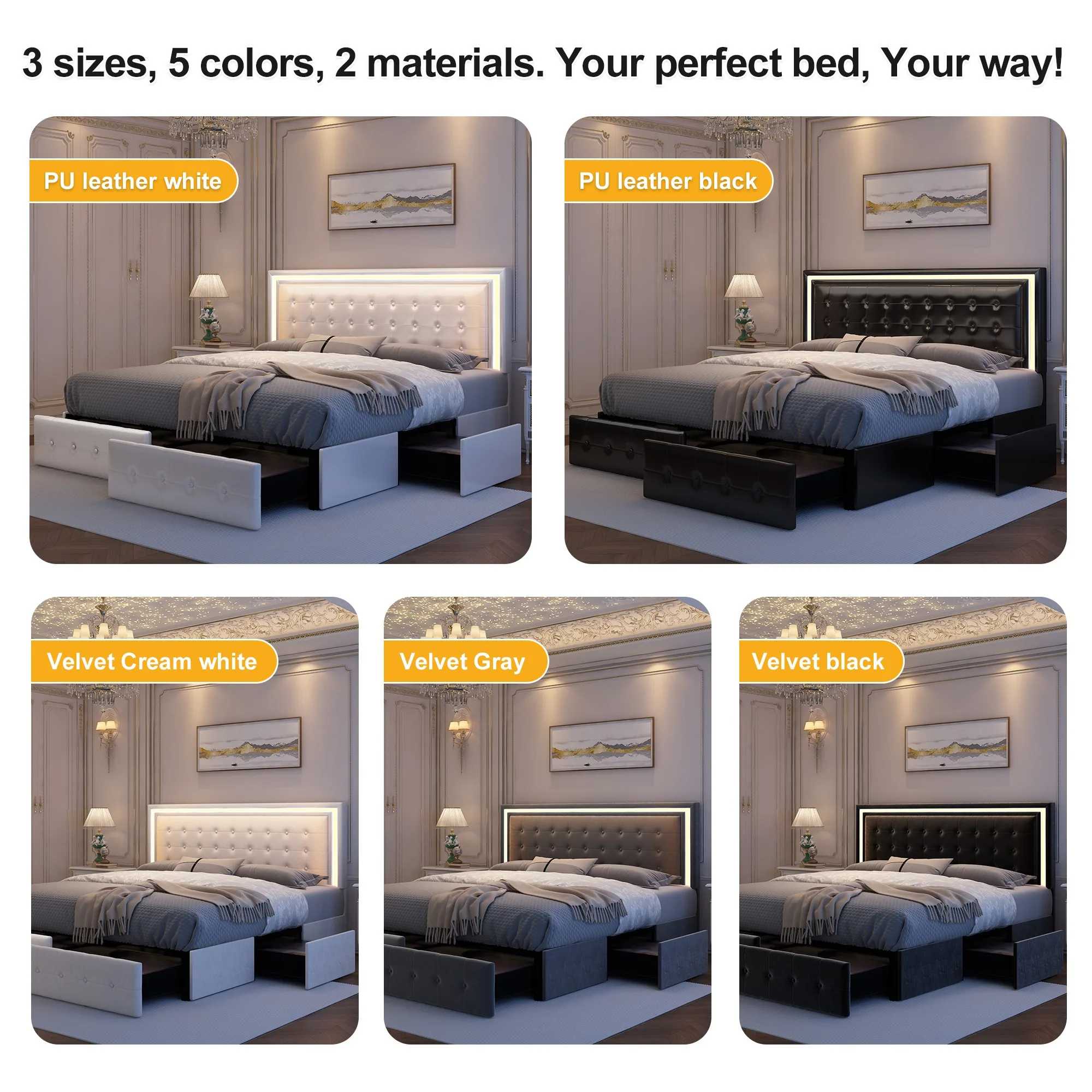 GEGOFORU Queen LED Bed Frame with 4 Storage Drawers, RGBW Headboard, PU Upholstered, No Box Spring Needed, 900 lbs Support