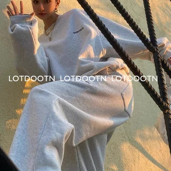 LOTDOOTN 여성용 두꺼운 정장 세트, 맨투맨 클래식 투피스 세트, O넥 오버사이즈 운동복, 따뜻한 세트, 고품질