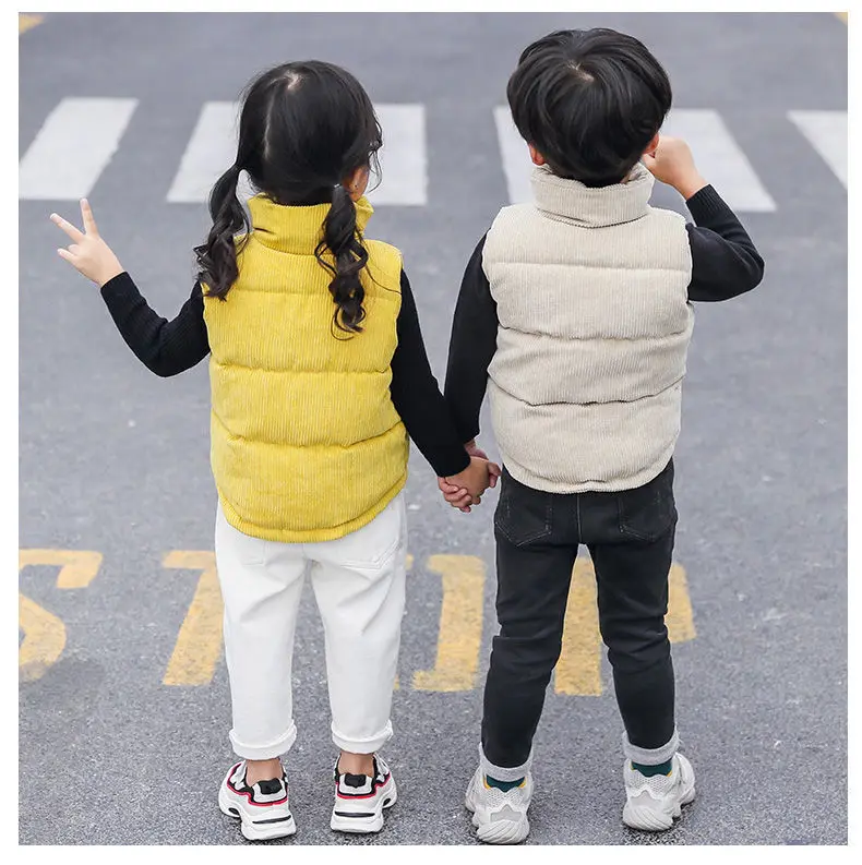 2025 가을 겨울 따뜻한 아동 조끼 여자 캐주얼 단색 재킷 남자 심플 패션 칼라 두꺼운 코듀로이 조끼