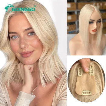 Topper per capelli Balayage in vero capello umano, biondo con mèches, densità 150%, 12 pollici, base in seta, toupet da donna 7x11cm, realizzato a macchina