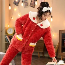 

Autumn and Winter New All-match Casual Cardigan Cute Sweet Printing Suit Pajamas Plus Velvet Thick Thick Warm Pajamas