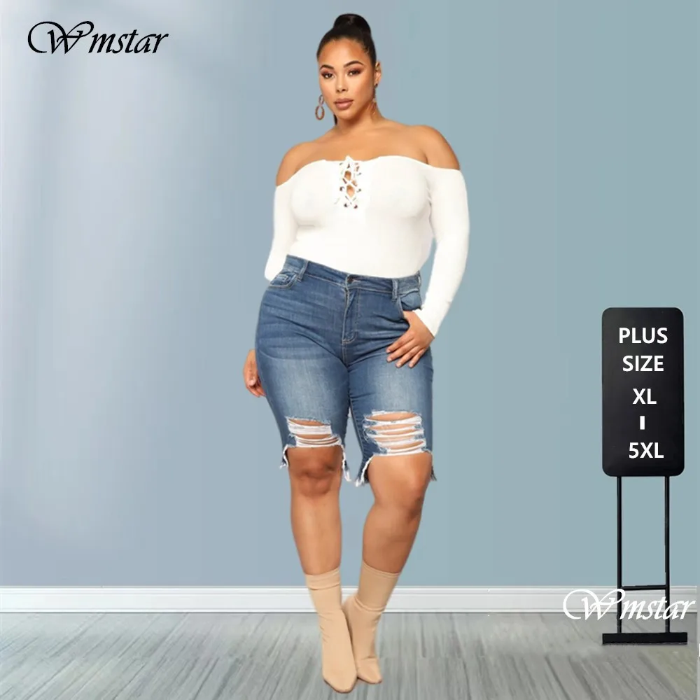 WmstarPlusSizeJeansShortsWomenBodyconSuperStretchKneeLength