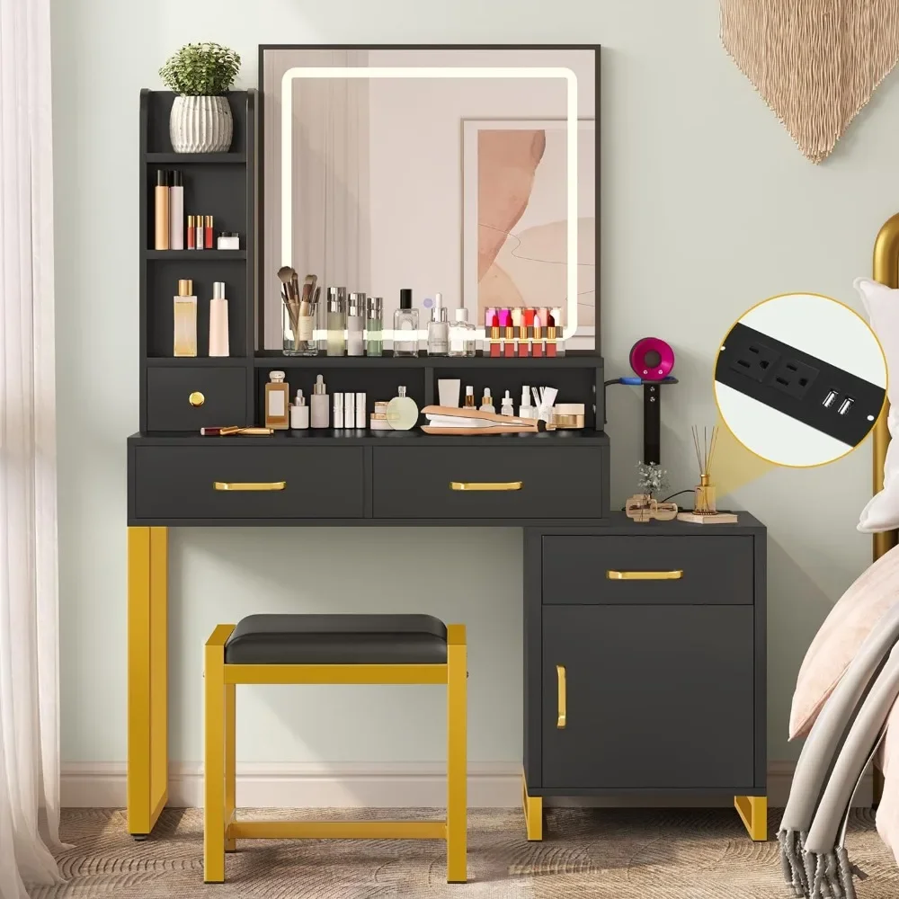 

Makeup Vanity with Lights,Vanity Desk with Power Strip, Large Vanity Desk with Storage Shelves, 3 Lighting Colors, Black