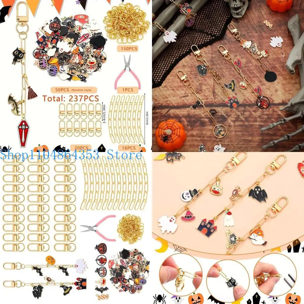 652f DIY Halloween Keyring Making Supplies 237pcs Metal Herbst Handwerksanhänger Set einschließlich gruseliger Charme