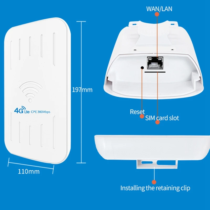 야외 4G 무선 라우터, IP65 방수, 4G CPE, 300Mbps, 지지대 POE 전원 공급 장치, SIM 카드 슬롯 포함