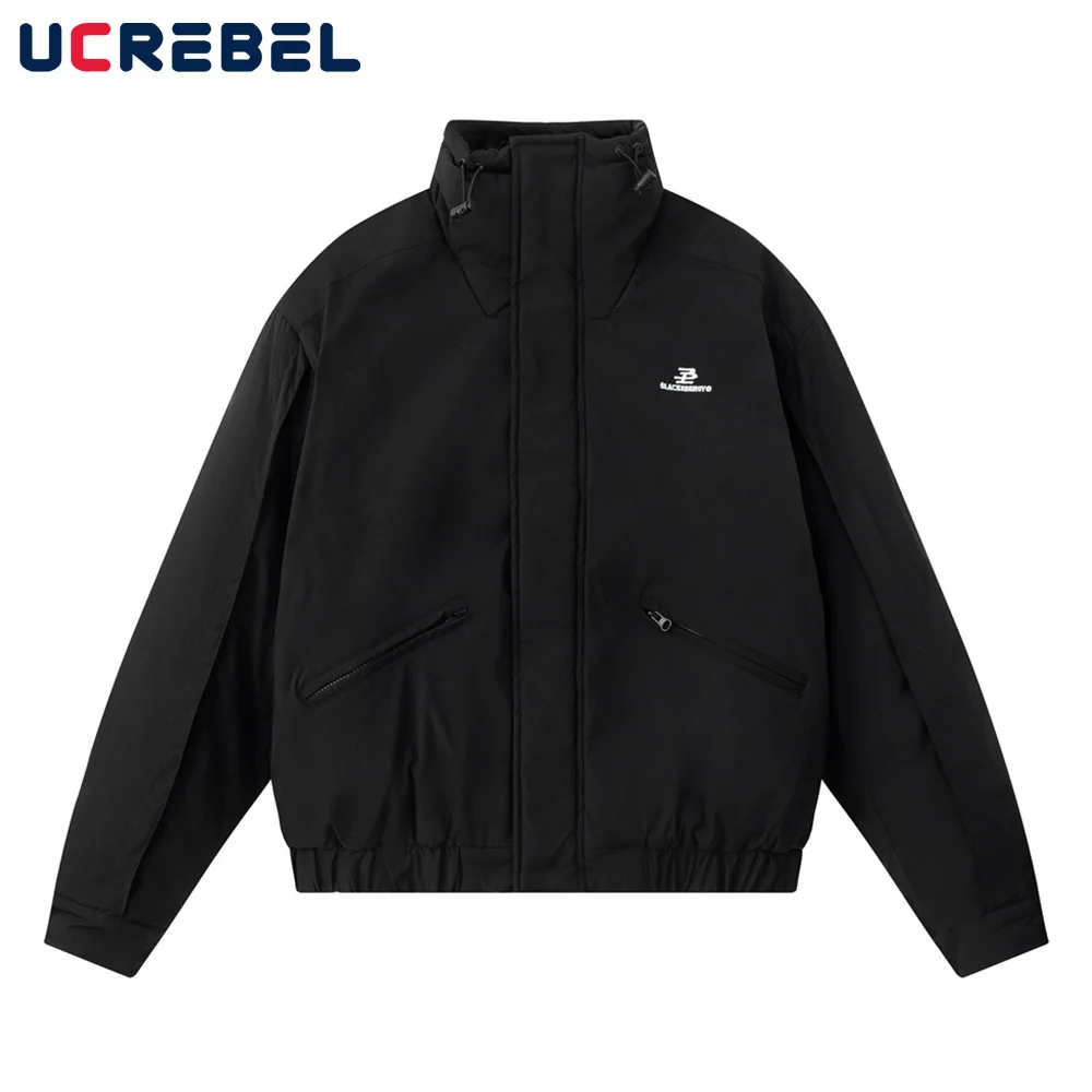 

Pocket Padded Jacket Mens Letter Embroidery Winter Warm Loose Streetwear Stand Collar Long Sleeve Thick Outerwear Men