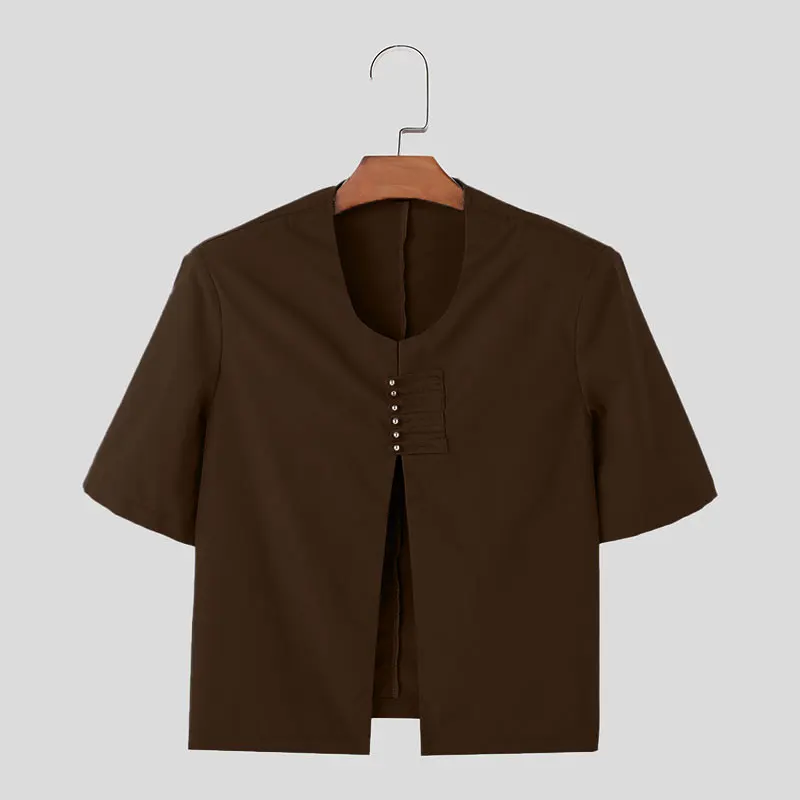 INCERUN Tops 2024 estilo coreano moda para hombre hebilla traje abrigos casual simple masculino sólido recortado cuello redondo manga corta Blazer S-5XL